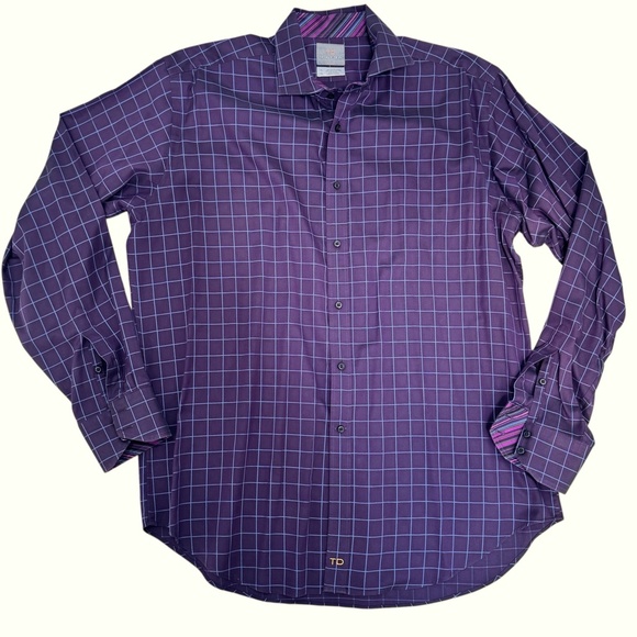 THOMAS DEAN PURPLE WITH BLUE SQUARE GRID LINES CHECKS FLIP CUFF SHIRT - Picture 2 of 7